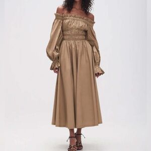 Aje Taupe Off-Shoulder Smocked Waist Long Sleeve Midi Dress